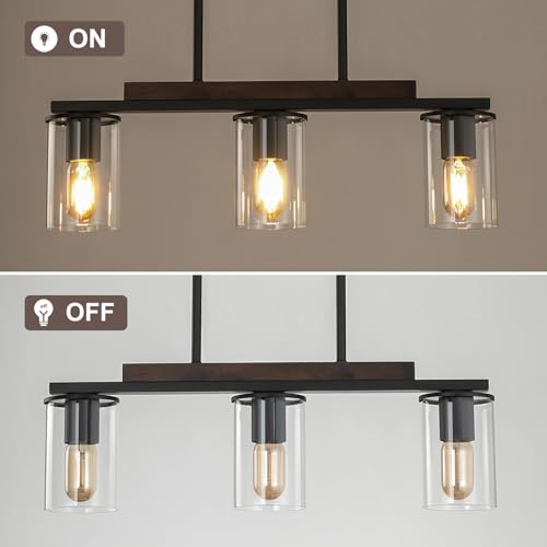 Farmhouse Style Black Pendant Light with Clear Glass Shade - 3 Light Linear Chandelier for Kitchen Island
