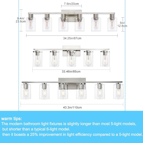HDASIC Brushed Nickel 6-Light Vanity Light with Clear Glass - 34.25in Bath Fixtures