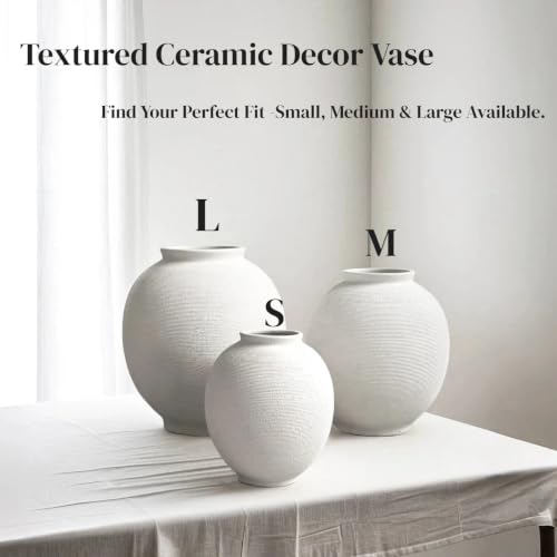 13-Inch White Ceramic Vase - Oval Sandstone Finish, Large Farmhouse Decor