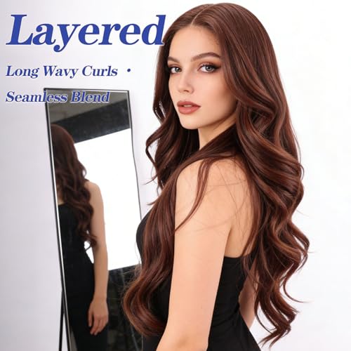 WIGENIUS 24 Inch Curly Synthetic Lace Front Wig - Matte Burgundy Brown Wavy Middle Part with Baby Hair, Breathable Heat-Resistant Hair, T433/327HD