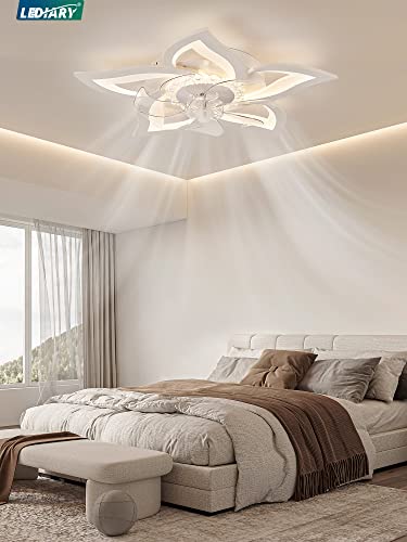 LEDIARY White Flower Shaped Ceiling Fan with Light, Low Profile, Dimmable LED & App Control