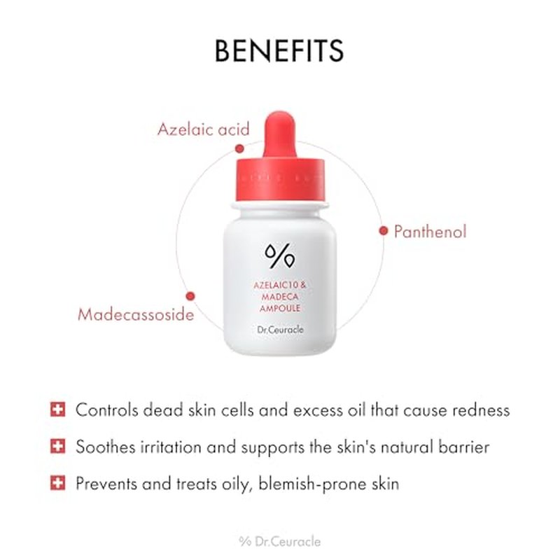 Dr.Ceuracle Azelaic Acid 10 & Madecassoside Ampoule - Redness Relief and Soothing Serum for Sensitive Skin and Blemish-Prone Spot Care, Korean Skincare for Stocking Stuffers