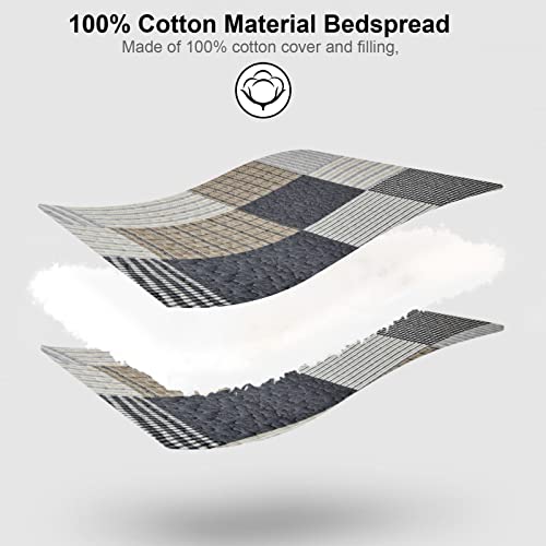 Queen Size Cotton Quilt Set - Reversible Patchwork Bedspread with Pillow Shams - Grey, Brown, Black, White, Tan - 3 Pieces