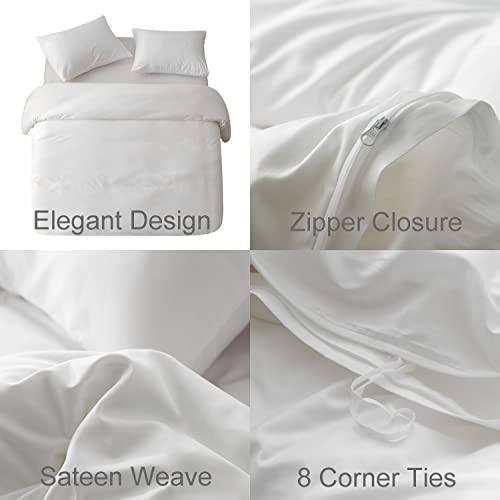 HeimenAogo Queen Size Egyptian Cotton Duvet Cover Set - Pure White Sateen Weave, 3 Pieces