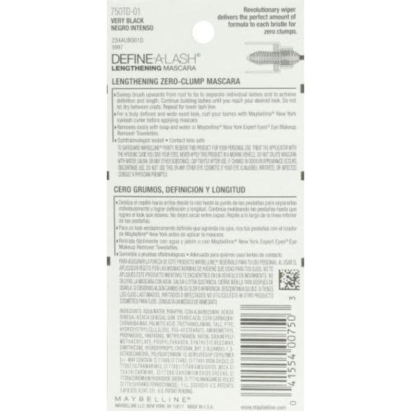 Maybelline Lengthening Mascara, Very Black | Define-A-Lash | Washable Formula | Longer-looking Lashes | Pack of 2