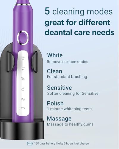 Electric Toothbrush for Adults & Kids - Sonic Clean & Whitening, 8 Heads, Travel Case - Purple