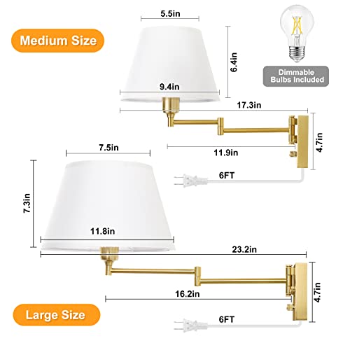 Gold Dimmable Wall Sconce Set of 2 - Large Swing Arm Wall Lights with Plug-In Cord