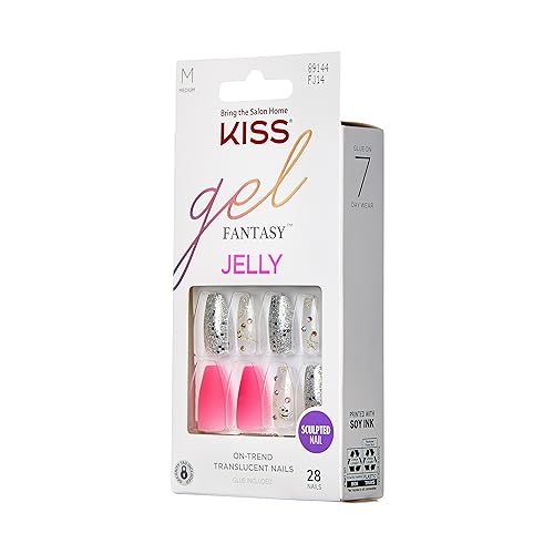 KISS Gel Fantasy Press On Nails, Nail glue included, 'Fun & Jelly', Pink, Medium Size, Coffin Shape, Includes 28 Nails, 2g glue, 1 Manicure Stick, 1 Mini File