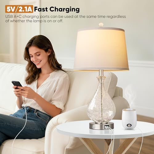 Set of 2 Bedside Lamps with Crackle Glass & Silver Finish - Touch Dimmable with USB Charging Ports