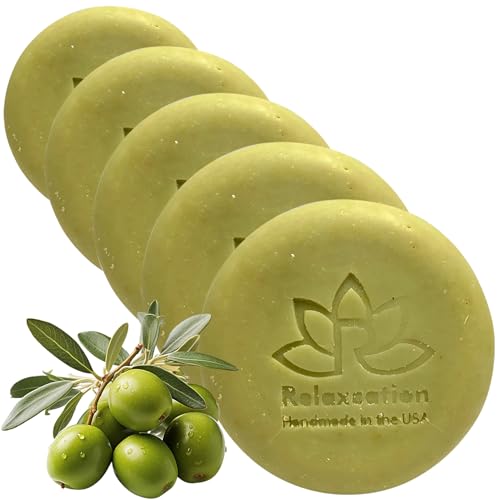 Relaxcation Made in USA 5 Bulk Soap Bars with Organic Olive Oil and Olive Leaves - Anti-aging and Antioxidant Natural Cold Process Soap Handmade in USA