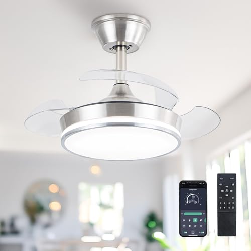 30-Inch Retractable Ceiling Fan with Lights - Brushed Nickel, Dimmable LED, Remote Control, 6 Speeds