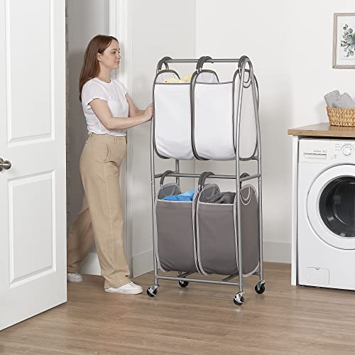 2-Tier Vertical Rolling Laundry Cart with 4 Removable Hampers & Odor Control