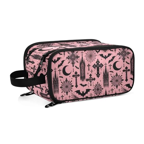 Mnsruu Bats Gothic Moon Spider Web Makeup Bag with Compartments - Travel Toiletry Organizer, Large Capacity