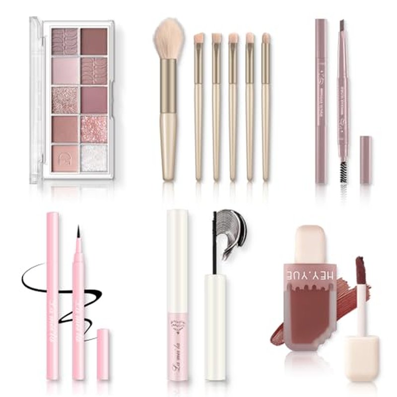 All in One Makeup Kit - Set for Women, Girls & Teens, Include 10 Colors Eyeshadow Palette, Lip Gloss, Eyebrow Eyeliner Pencil, Waterproof Mascara, 6 Pcs Brushes (Pink Kits)