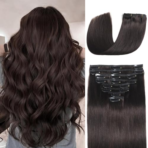 Clip in Hair Extensions Real Human Hair Dark Brown 20 Inch 105g - Seamless & Natural