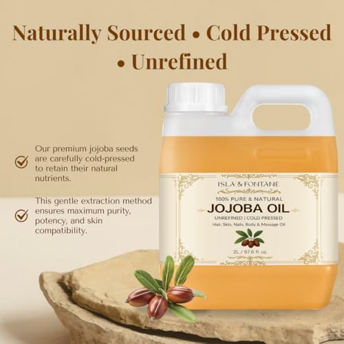 ISLA & FONTANE Jojoba Oil Set ? 2L/67.6 Fl Oz | 100% Pure & Natural | Golden, Unrefined, Cold Pressed | 2 Dropper Bottles & Beauty Massager | Hexane-Free Carrier Oil for Skin, Hair, Face, Nails & Body