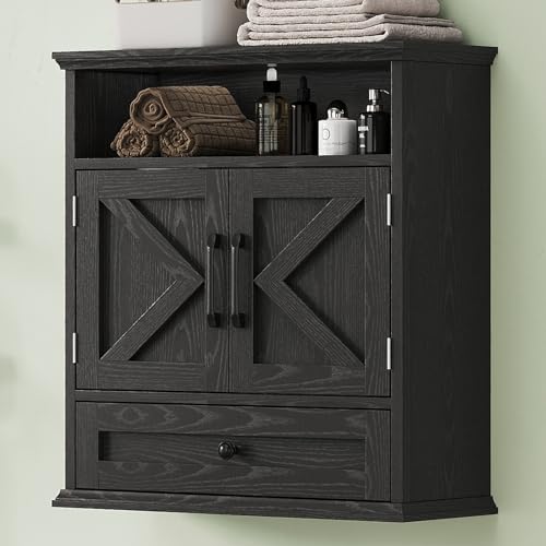 Viroformo Black Farmhouse Wall Cabinet with Barn Doors & Adjustable Shelves