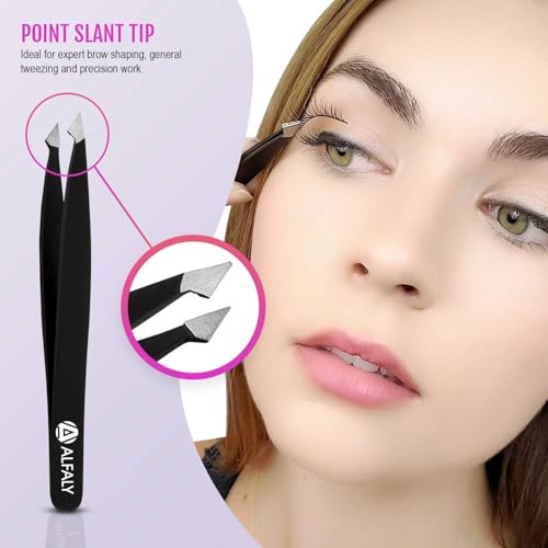 Tweezers Set - Professional Stainless Steel 4-Piece Precision Tweezer for Men & Women - Great for Facial Hair Removal, Eyebrow Shaping, Splinters & Ingrown (Black)