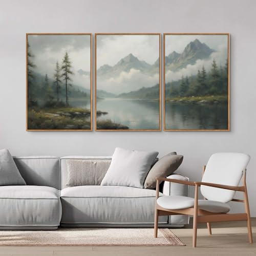 SIGNINART Large Green Forest Framed Canvas Wall Art Set, 3 Panels, 16x24 inches, Misty Mountain Lake Nature Decor for Living Room & Bedroom