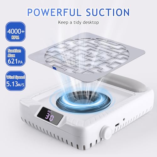 Rechargeable Nail Dust Collector White-2, Portable & Adjustable Nail Vacuum with LED Display