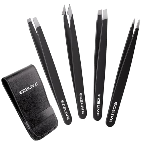 Tweezers for Women Facial Hair, Slant & Pointed Tweezers for Eyebrows, Ingrown Hair, Splinter Removal, Precision 4 Pack Tweezer Set, Stainless Steel Eyebrow Tweezers for Men and Women, Black