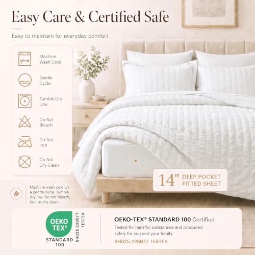 White King Size Seersucker Comforter Set - 7 Pieces All-Season Bedding