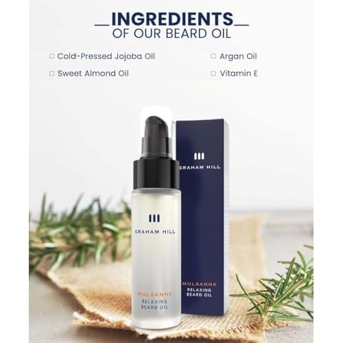 Graham Hill Mulsanne Relaxing Beard Oil for Men - 30ml | Nourishing Beard Growth Oil with Cold-Pressed Jojoba, Prickly Pear, and Mint - Vegan, Beard Oil for Glossy Smooth Beard and Mustache