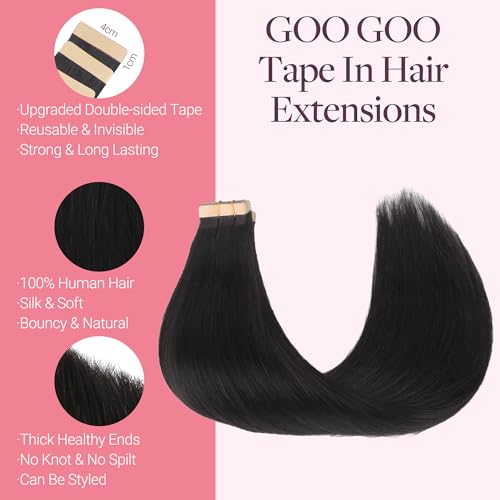 GOO GOO 22 Inch Human Hair Tape Extensions #1B Natural Black 10pcs
