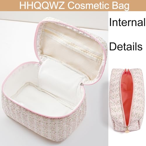 2 Pcs Makeup Bag Cosmetic Bag for Women Girls, Cute Large Large Floral Cosmetic Bag, Flower Travel Toiletry Bag Makeup Brushes Cotton Makeup Bag Set (Pink+Pink)