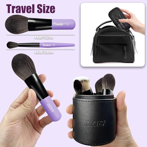 Jilier 14 pcs Mini Makeup Brushes and Pocket Mirror, Travel Makeup Brush Set, LED Compact Mirror with Light, Travel Size with Case, Portable for Handbag, Travel Essentials for Women