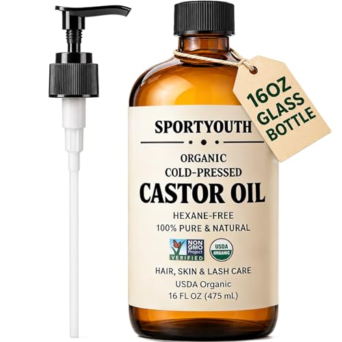 SPORTYOUTH USDA Organic Castor Oil 16oz Dark Glass Bottle with Pump - Cold Pressed & Pure
