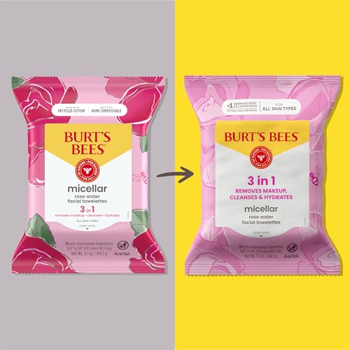 Burt¡¯s Bees Micellar Rose Water Facial Towelettes, 100% Plant Based Cloth; 99% Natural Origin; Remove Makeup, Cleanse, Hydrate; No Oily Residue; All Skin Types; 30 Ct, Pack of 3 (Pack May Vary)