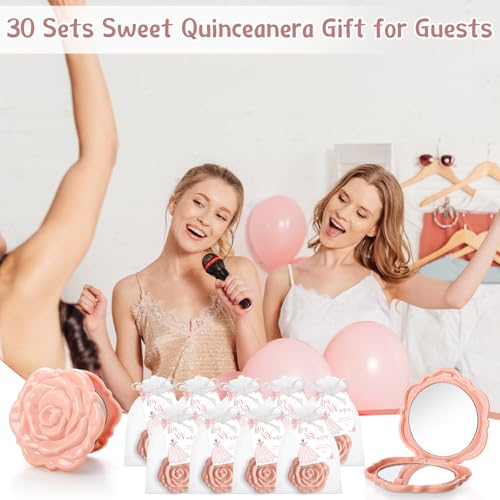 Wenqik 30 Sets Quinceanera Party Favors for Guests Rose Design Compact Pocket Mirrors Quinceanera Cards Thank You Gift and Organza Bags Birthday Party Favor (Champagne Pink)