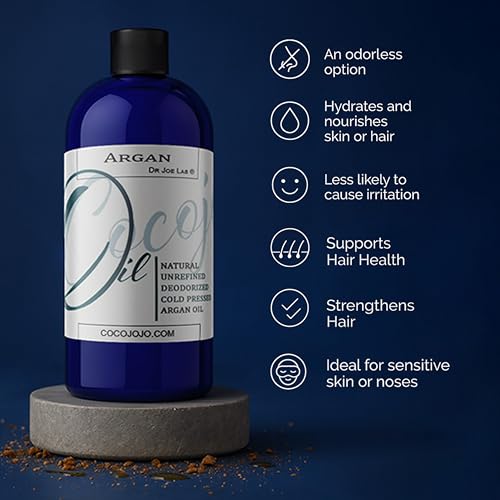 cocojojo Argan Oil Deodorized for Hair Treatment Oils, Pure Argan Oil for Face, Unrefined Unscented Cold Pressed Extra Virgin - 32 Oz - Packaging May Vary