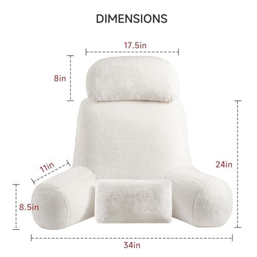 NOONTIDE Furry White XL Reading Pillow 32" with 2 Neck Support Pillows, Washable Cover