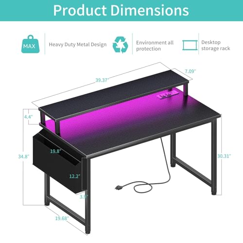 Lufeiya 40-Inch Gaming Desk with LED Lights & Power Outlets - Carbon Fiber Black
