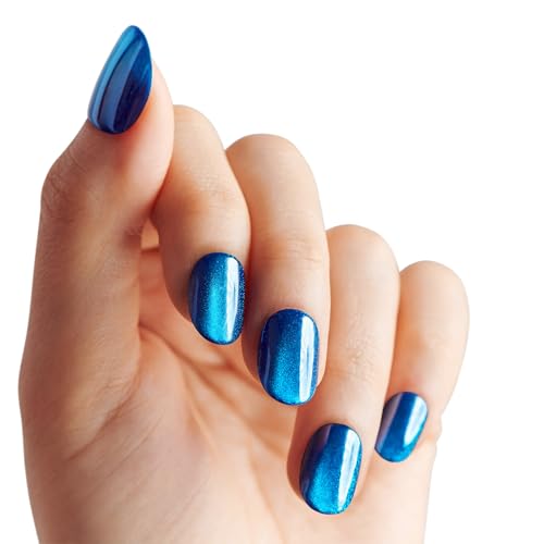KISS colorFX by imPRESS Press On Nails , ¡®Reconnect¡¯, Solid Blue with Pearlescent Finish, Short Oval, IMPROVED adhesive, Includes 30 Fake Nails, Prep Pad, 1 Manicure Stick, 1 Mini Nail File