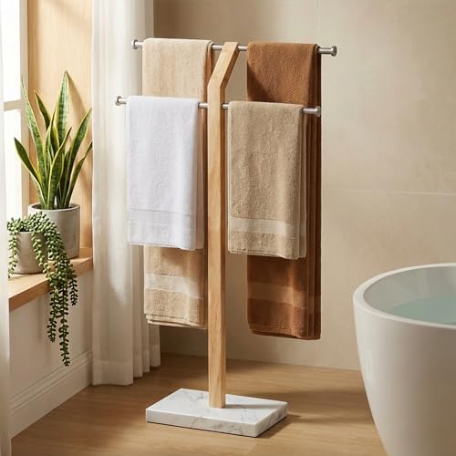 White Marble Adjustable Standing Towel Rack with 3X Thicker Base, 2-Tier, Freestanding Bathroom Organizer