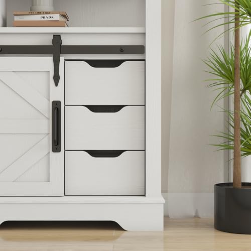 Panana Farmhouse White Bathroom Floor Cabinet with Sliding Barn Door & 3 Drawers