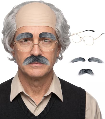 Grey Grandpa Old Man Wig with Mustache Eyebrows Glasses - Costume Accessory