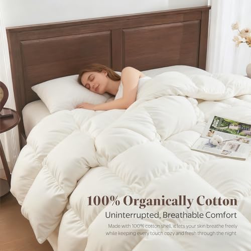 All Season Twin Size Goose Feather Down Comforter - White, Hypoallergenic, Organic Cotton Shell