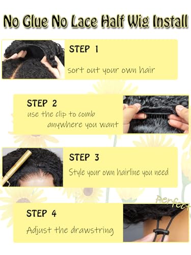 Natural Black 16 Inch Kinky Curly Half Wig Human Hair 3-in-1 Glueless Flip Over Style