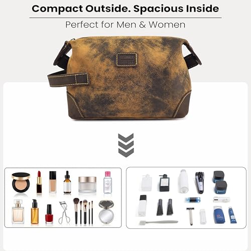 Distressed Brown Leather Dopp Kit for Men - Travel Toiletry Bag, Shaving Bag