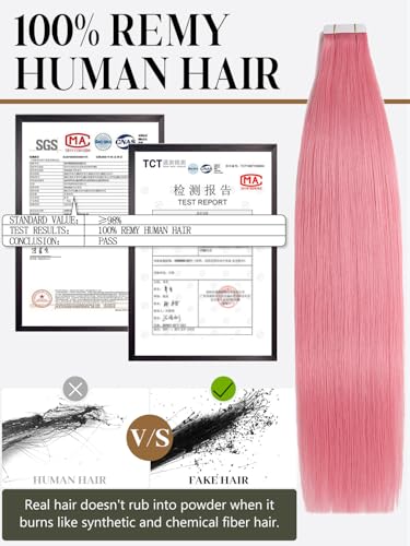 Hair Extensions Tape in Human Hair 14 Inch Pink 10 Pcs 25g - Silky Soft & Reusable