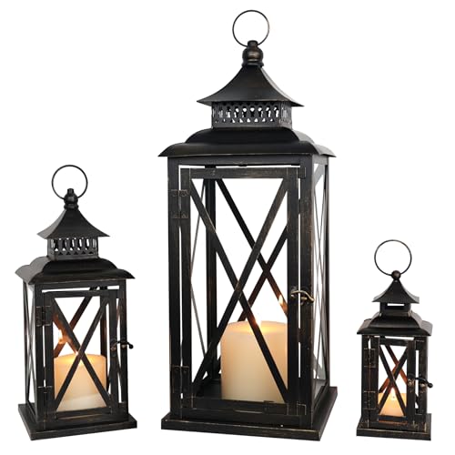 Black 3-Piece Vintage Lantern Set - 20'', 13'', 9'' Indoor & Outdoor Candle Holders
