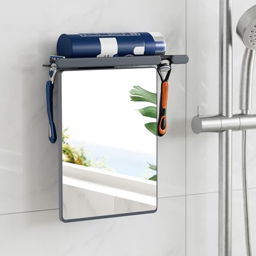 Fogless Shower Mirror with Suction Mount and Storage Rack - Grey, Rectangular, 10.1"L x 9.8"W