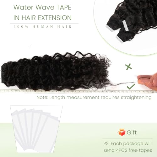 Black Water Wave Human Hair Extensions Tape Ins 18 Inch Seamless Curly 50g