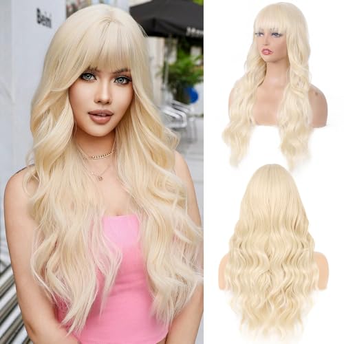 Aida ble Long Blonde Wavy Wig with Bangs - 28-inch Synthetic Hair for Women