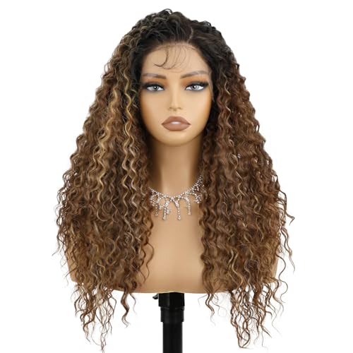 Synthetic Lace Front Wig 24 Inch Curly Ombre Brown Blonde with Variation of Same Ombre with Highlights