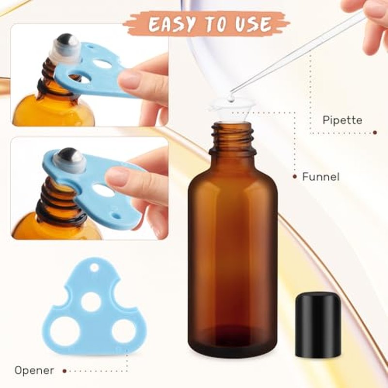 12 Pcs 50ml/1.7oz Amber Glass Essential Oil Bottles with Stainless Steel Roller Ball Refillable Roll-on Bottles Leak-proof Containers for Lotion Deodorant Massage Oil Perfume